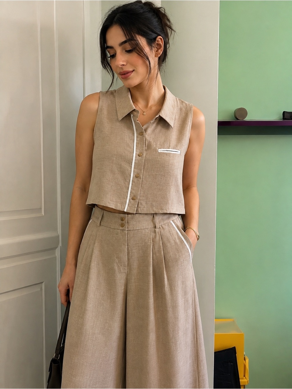 Sleeveless Cropped Button-Front Jumpsuit Set in Beige